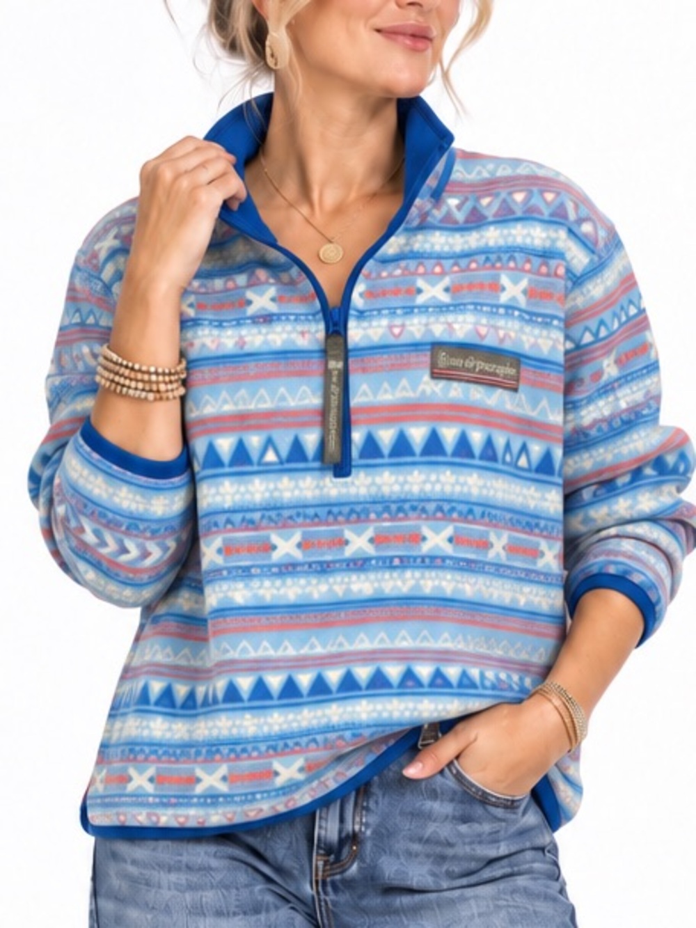 Love & Pineapples Blue Aztec Print Quarter Zip Fleece Pullover Size M EUC